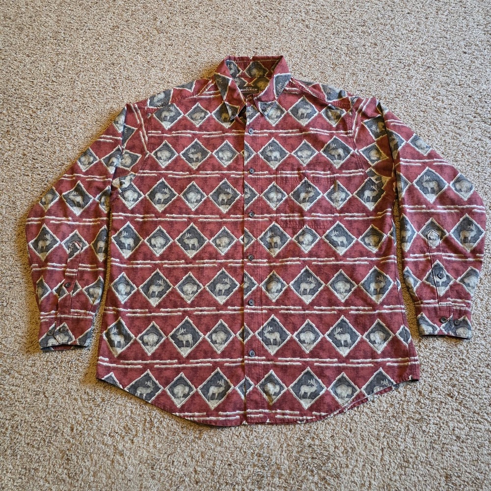 Woolrich‎ Shirt Mens Extra Large Red Wildlife Moose Buffalo Print Button Down